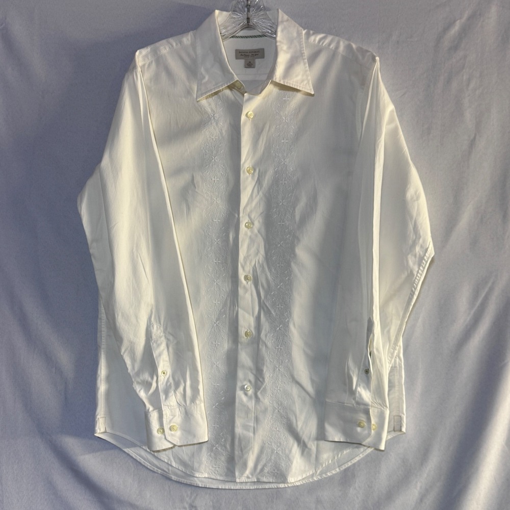Banana Republic Embroidered Shirt Mens M Cream Classic Fit Guayabera Coastal